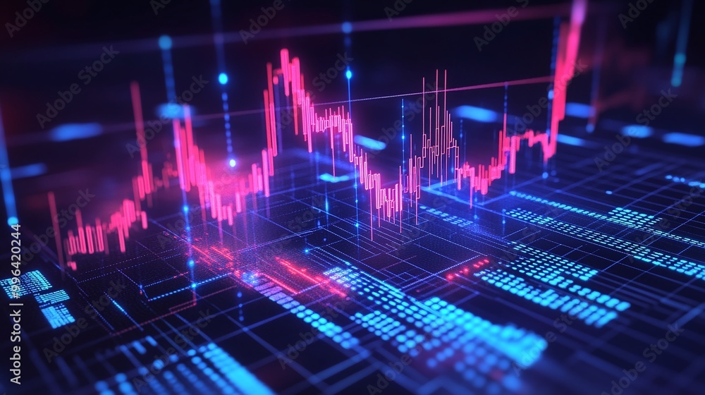 Poster dynamic financial market chart with vibrant colors and digital data representation useful for invest