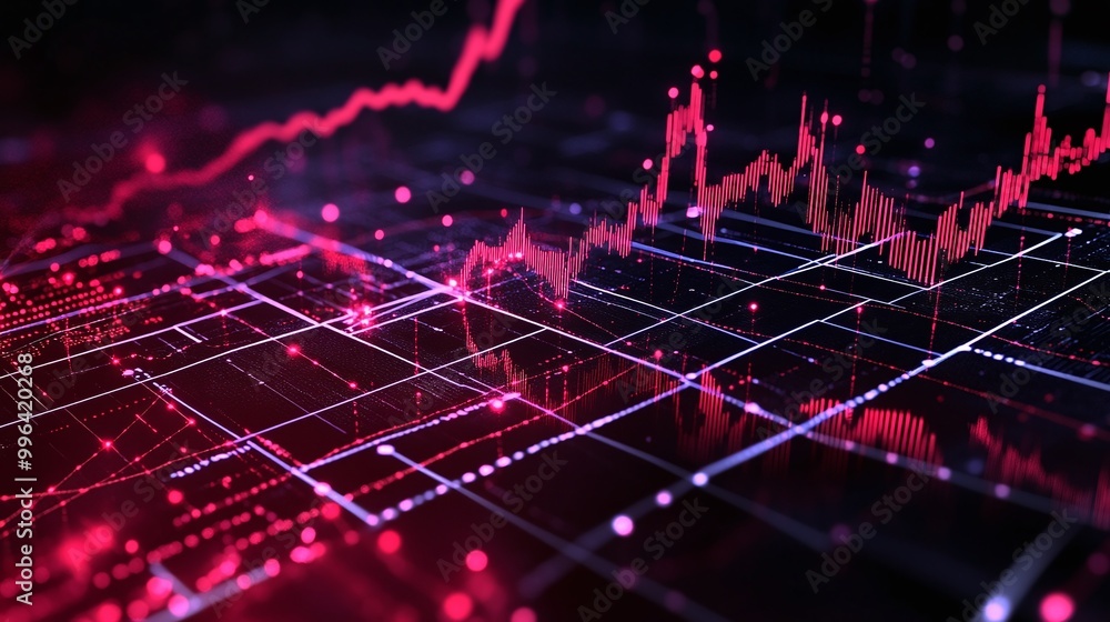 Poster dynamic financial graph with vibrant pink lines showing stock market trends and data analysis on a d
