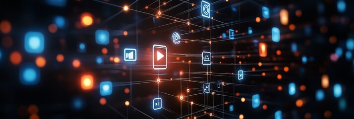 Abstract digital network with glowing icons of social media and video streaming services on a dark background