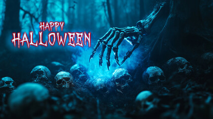 ### Description
A spooky Halloween scene featuring a glowing hand reaching towards ghostly skulls in a dark, eerie forest.