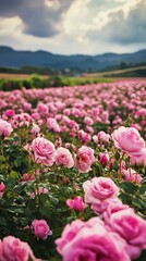 Obraz premium Expansive Pink Rose Garden Under Cloudy Sky – Blossoming Floral Landscape with Hills in Background.
