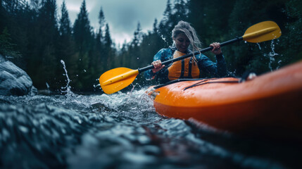 A kayaker rafting struggling with water splashes in boat in rapid river in mountain