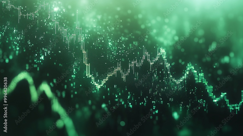 Poster dynamic green abstract data chart with glowing particles, illustrating financial trends and analytic