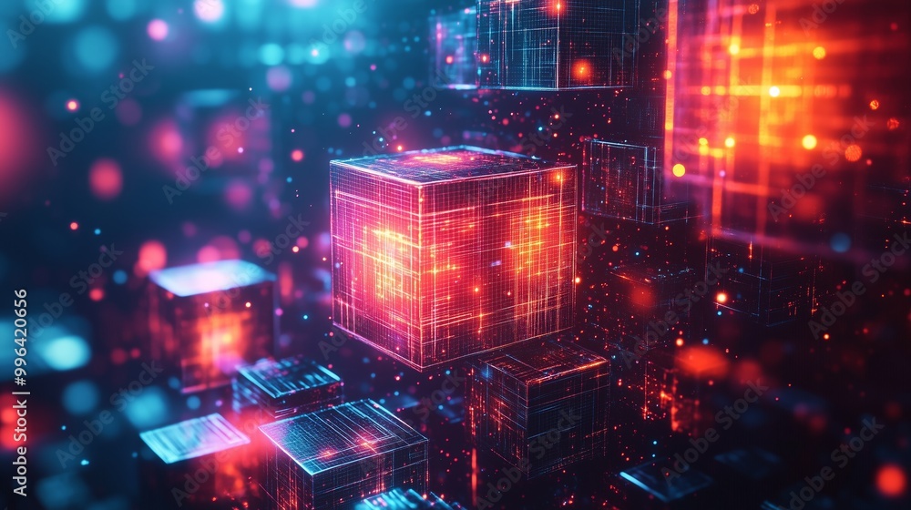 Poster abstract futuristic background with cubes in space, glowing and sparkling elements