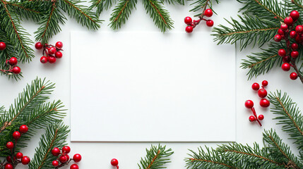 A festive arrangement of evergreen branches and red berries surrounds a blank card, perfect for holiday messages or artistic displays.