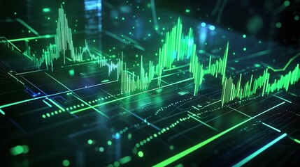 Dynamic green data visualization representing digital finance trends and market analysis on a futuristic interface.