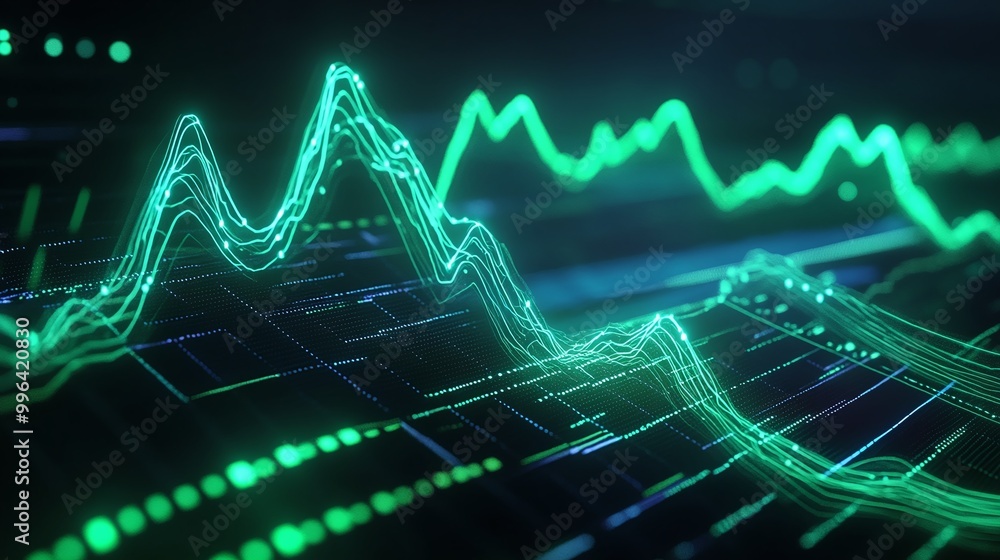 Poster dynamic green data visualization with abstract wave forms representing analytics and trends.