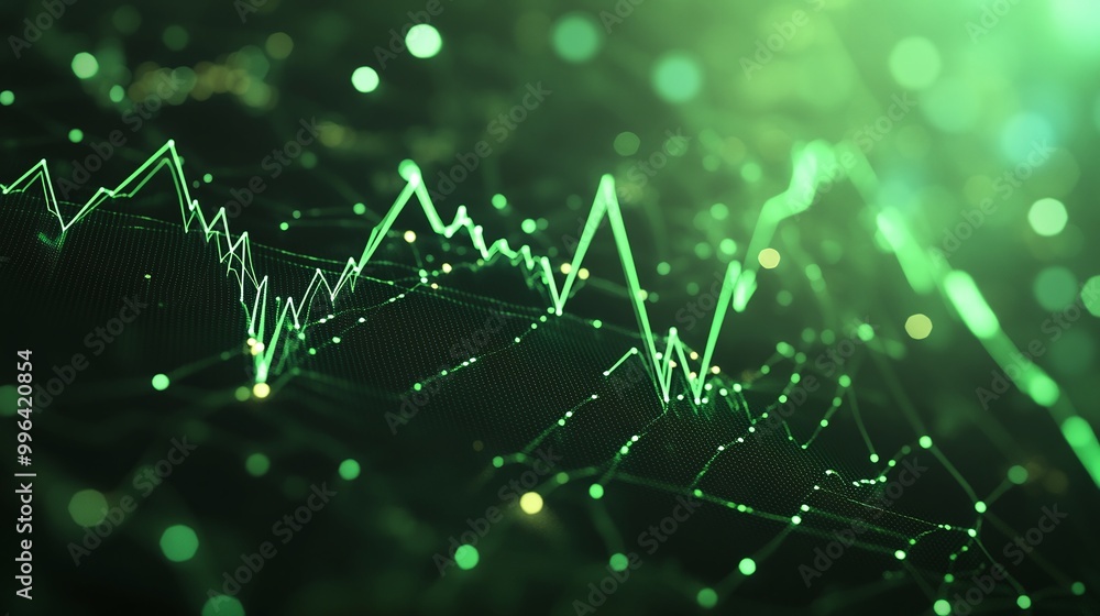 Poster dynamic green data visualization with fluctuating graphs and digital elements on a dark background.