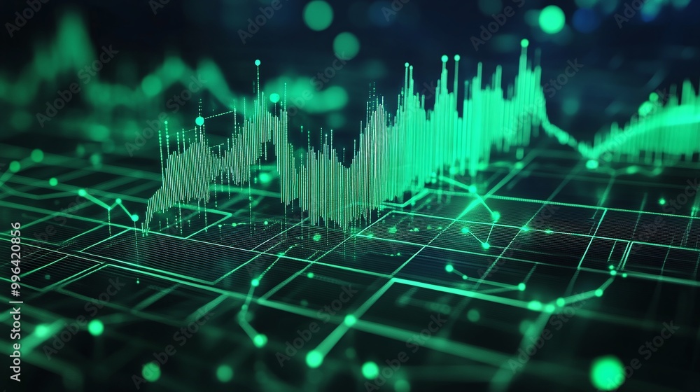 Poster dynamic green data visualization showing fluctuating statistics and trends in a digital format.