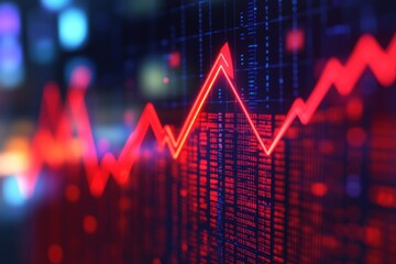 Red line graph showing a rise on a dark background with code and blurred lights.