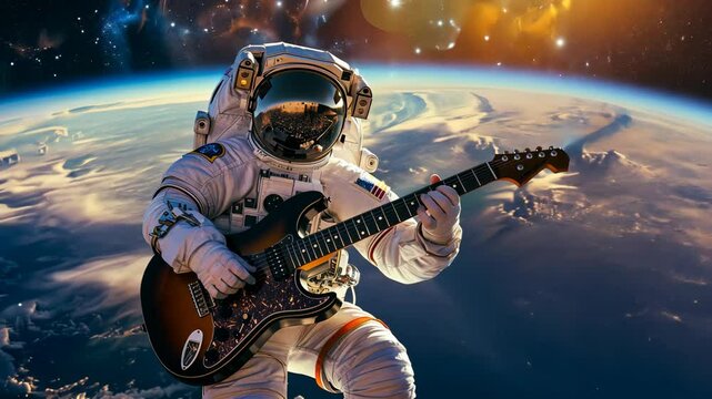 An astronaut plays an electric guitar in space, with Earth and the stars in the background