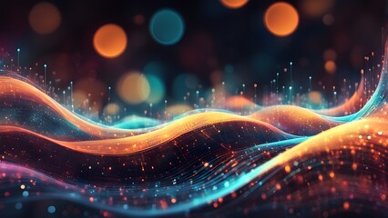 Obraz premium Abstract digital waves with glowing particles and bokeh lights in warm orange, blue and pink colors on a dark background.