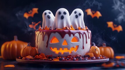 Halloween themed pumpkin, ghost cake recipes , flat design, 3D render, Triadic color scheme, spooky food and drinks