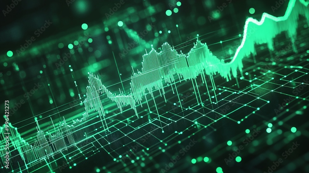 Poster dynamic green digital graph representation showing financial trends and fluctuations on a dark backg