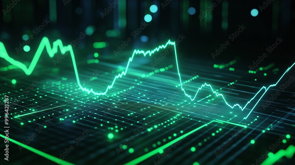 Poster dynamic green digital graph representing data fluctuations on a high-tech background.