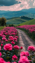 Obraz premium Breathtaking View of Pink Rose Blossoms Along Rustic Countryside Path in Rolling Hills Landscape.