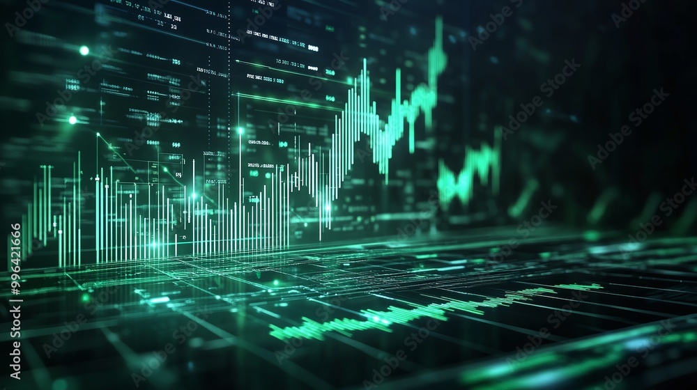 Poster dynamic green financial data visualization with graphs and charts, representing market trends and an