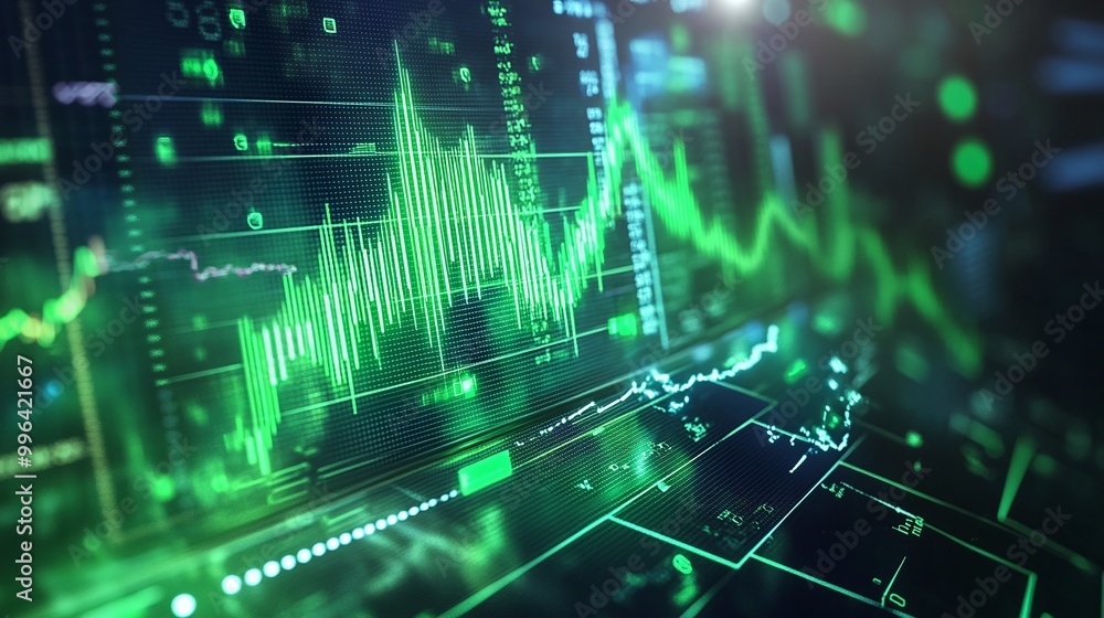 Aufkleber dynamic green financial data visualization with graphs and charts on a digital interface.