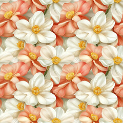 Fototapeta premium A seamless pattern showcasing beautifully detailed orange and white flowers, perfect for spring fashion designs, textiles, wallpapers, and digital backgrounds.
