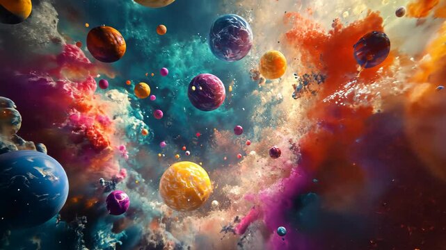 Colorful planets float in a nebula with swirling clouds of pink, orange, and blue