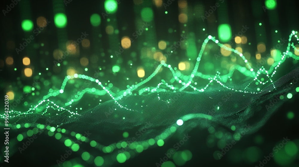 Poster dynamic green wave patterns with glowing lights, perfect for abstract backgrounds or digital designs