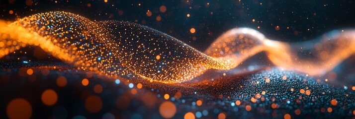 Cinematic digital background of orange and teal data streams flowing in the shape of a DNA helix