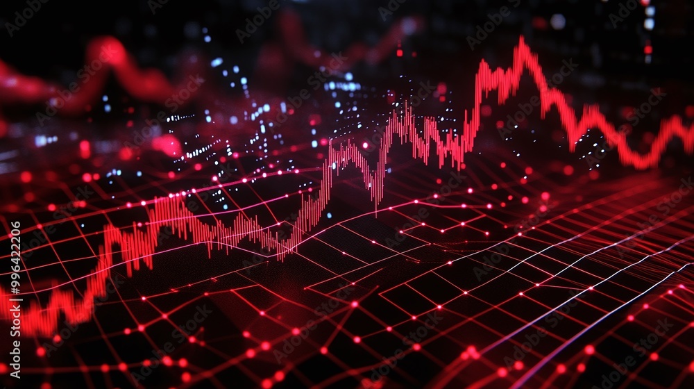 Poster dynamic red data graph showcasing financial trends and statistics, displayed against a dark backgrou