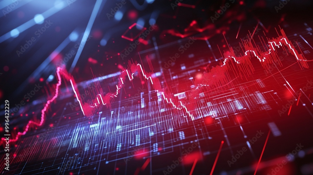 Poster dynamic red and blue digital graph representing data analysis on a futuristic background.