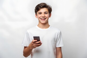 Fototapeta premium A kid with mobile phone on white background
