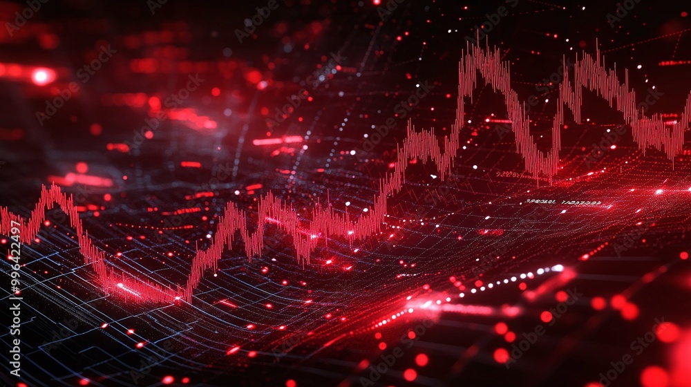 Poster dynamic red data visualization with flowing lines, representing financial charts and technological i