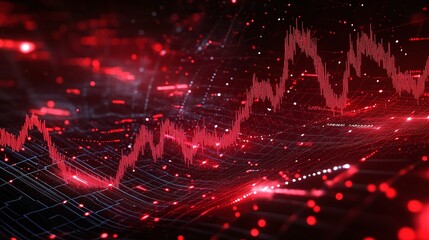 Dynamic red data visualization with flowing lines, representing financial charts and technological insights.