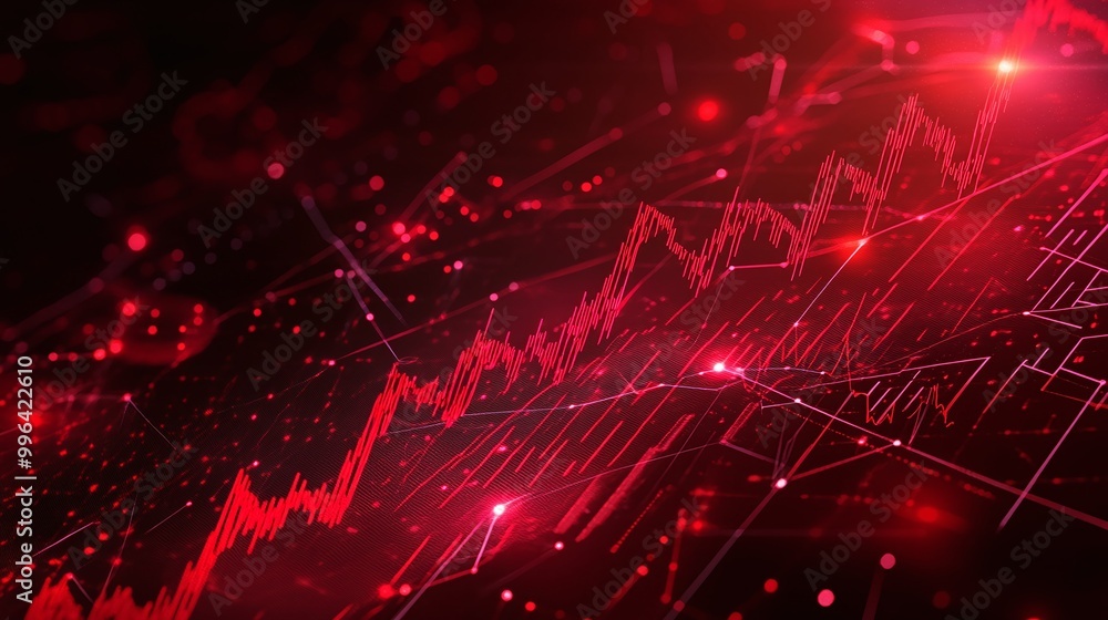 Poster dynamic red data visualization with graphs, lines, and abstract elements representing technology and