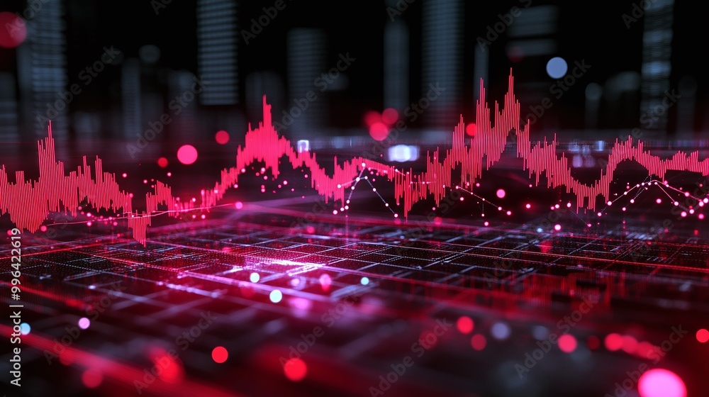 Poster dynamic red data visualization with fluctuating graphs, representing financial trends and market ana