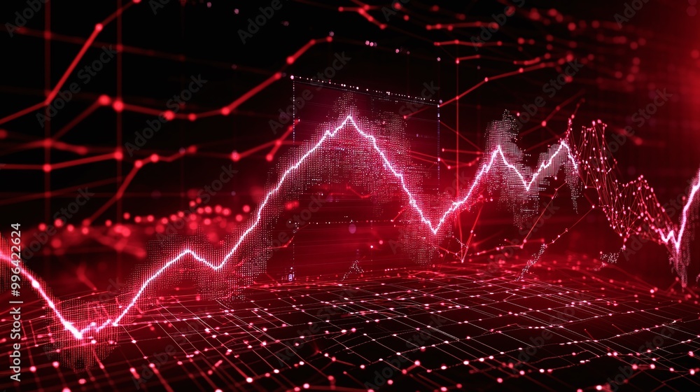 Poster dynamic red data visualization with fluctuating graphs and digital elements on a dark background.