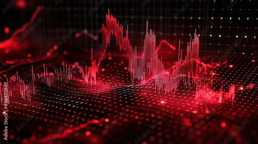 Poster dynamic red data visualization with rising and falling graph lines on a digital background.