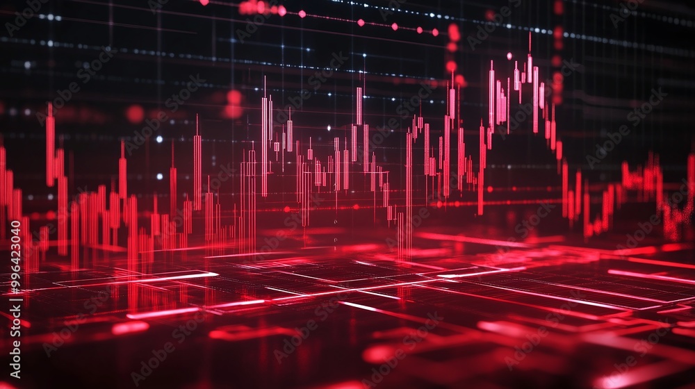 Poster dynamic red digital graph depicting financial trends and data analysis in a futuristic design.