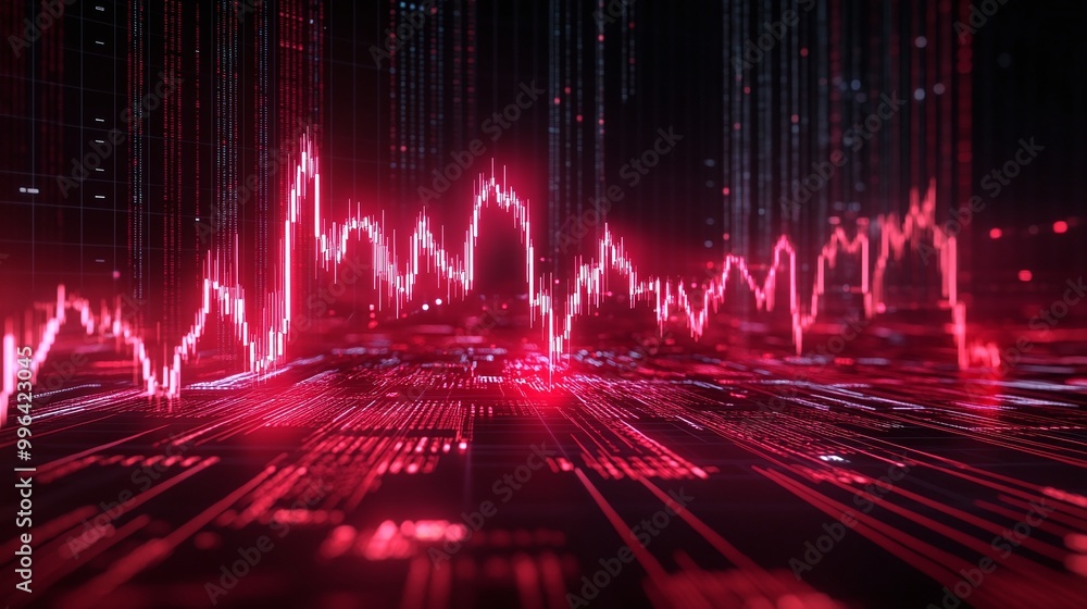 Poster dynamic red digital graph illustrating data trends on a dark background.