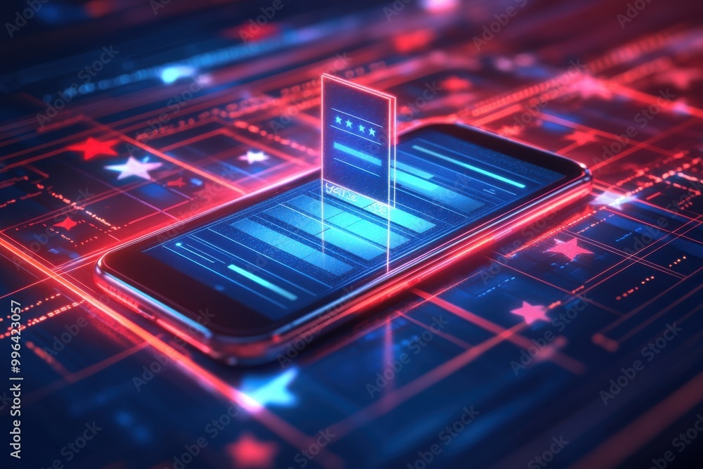 Poster futuristic scene depicting a mobile phone with a holographic voting interface showcasing a modern, i