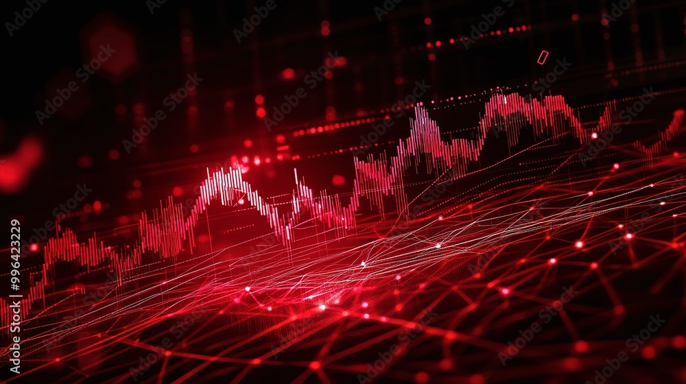 Poster dynamic red financial data graph visualizing market trends with abstract lines and points.
