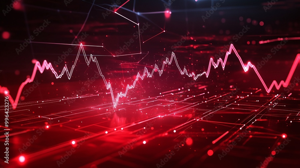Poster dynamic red financial graph showcasing data trends and analytical patterns in a vibrant digital envi