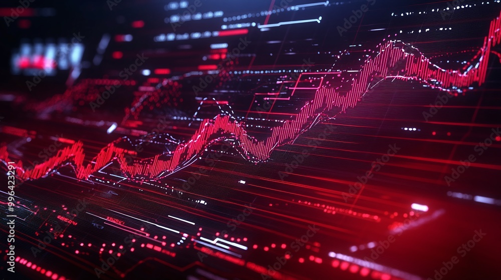 Poster dynamic red financial graph showing upward trend on a digital interface.