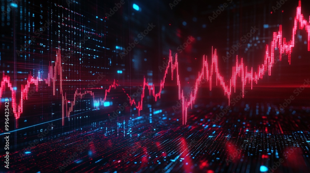 Poster dynamic red graph reflecting data trends on a futuristic digital background.