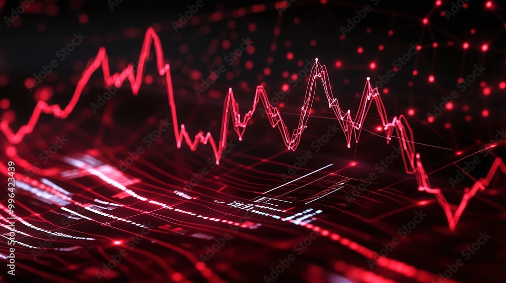 Poster dynamic red line graph representing data trends on a dark background.