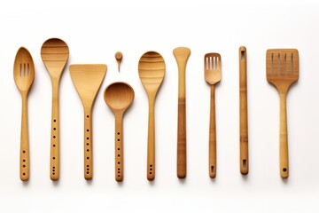 A collection of bamboo kitchen tools, including chopsticks, spoons, and rice paddles, bringing a sense of Asian cuisine to a white background.