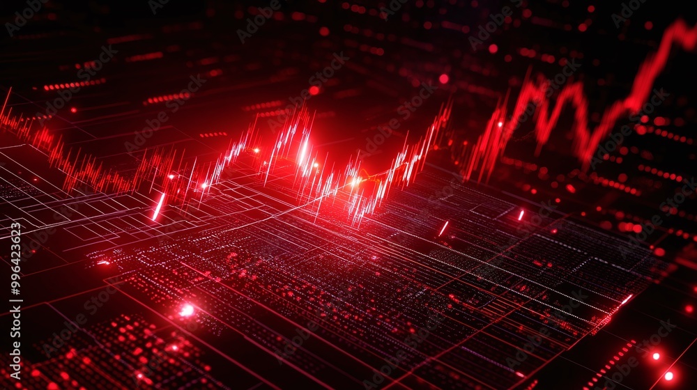 Poster dynamic red waveforms represent data processing in a futuristic digital environment.