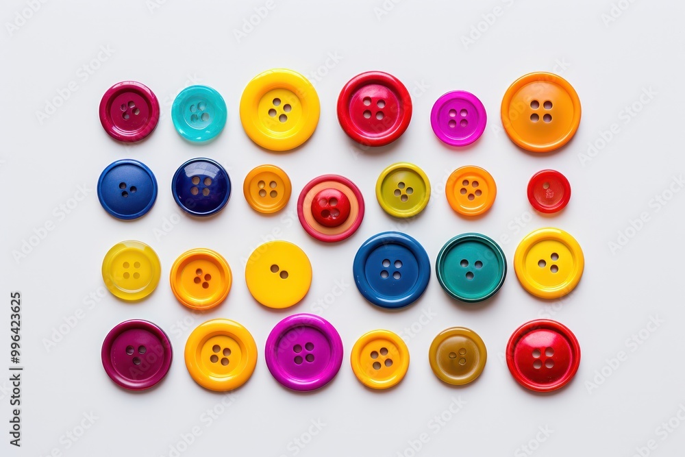 Poster a collection of colorful buttons in various shapes and sizes, featuring a spectrum of yellow, red, p