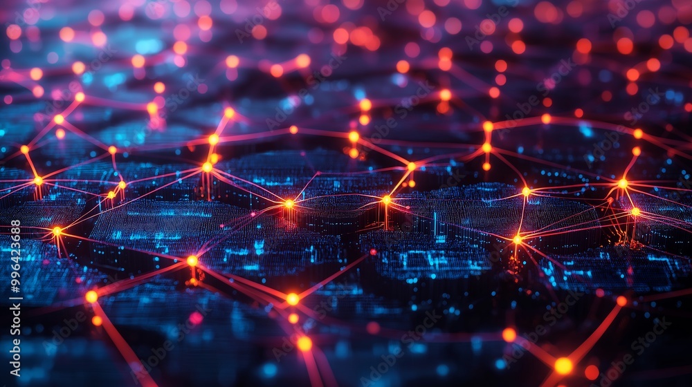 Aufkleber abstract digital network art: interconnected nodes and data flow