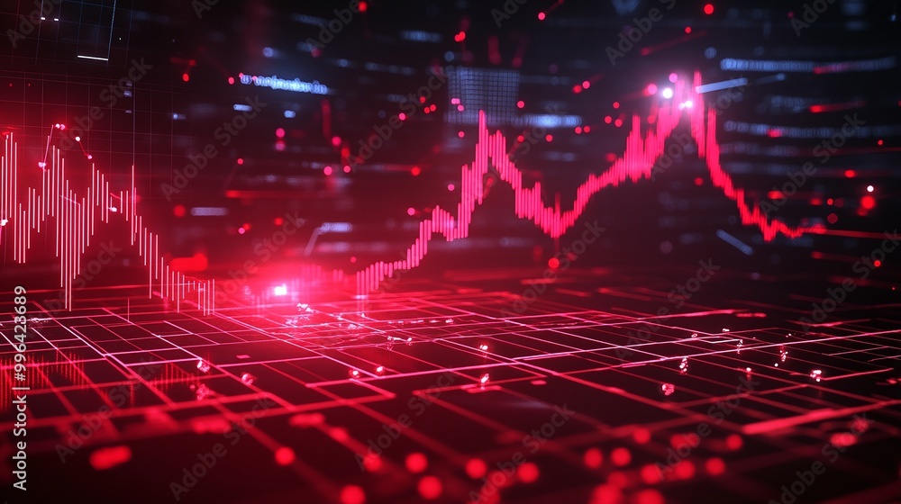 Aufkleber dynamic stock market analysis with vibrant red graph lines and a futuristic digital background.