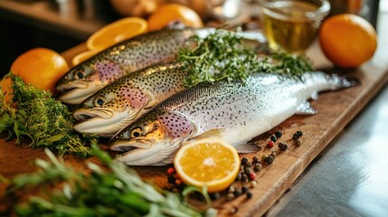 A selection of fresh fish, including trout and bass, on a cutting board with herbs and citrus fruits nearby for cooking.