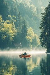 A man kayaking in still lake water with forest and fog